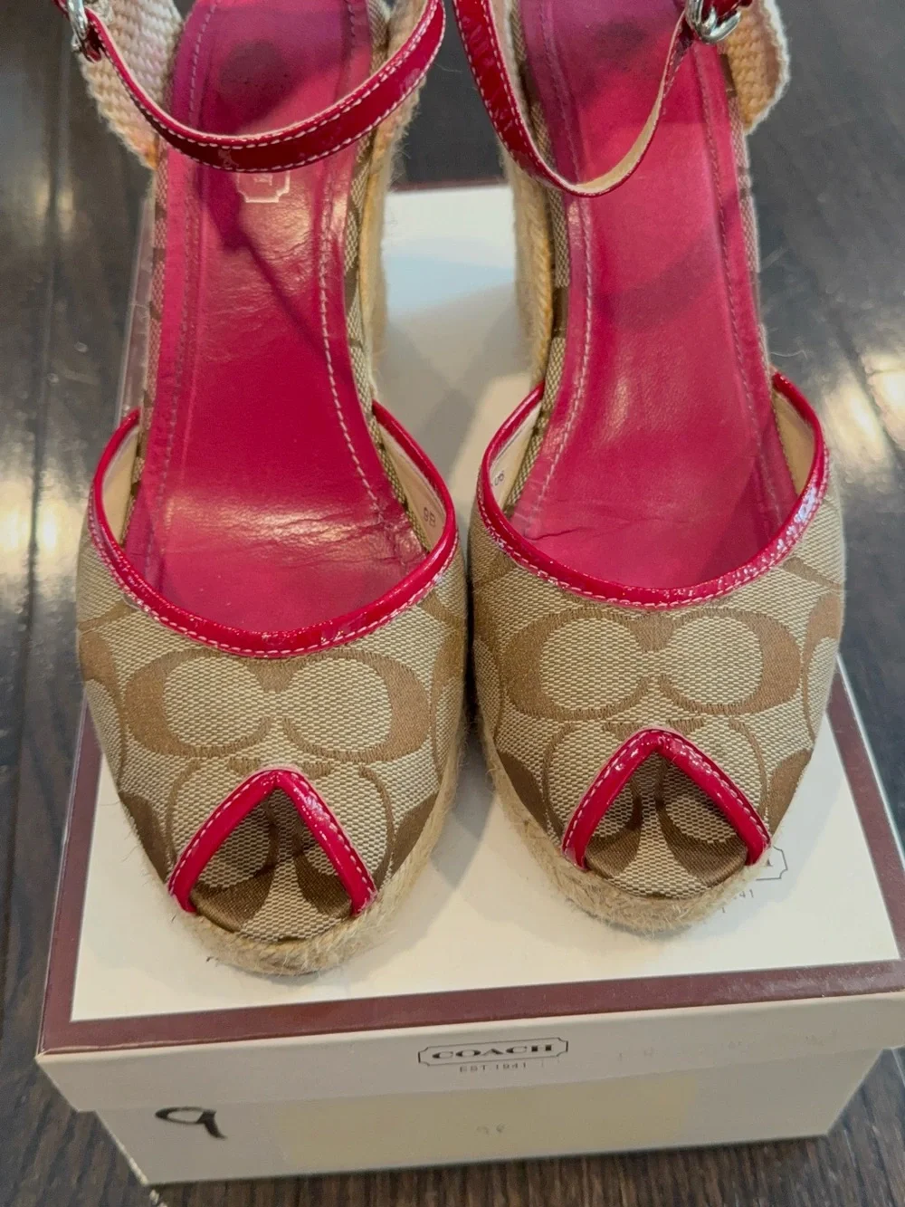 Coach Canvas Signature Espadrille Wedge Sandals in Beige and Pink